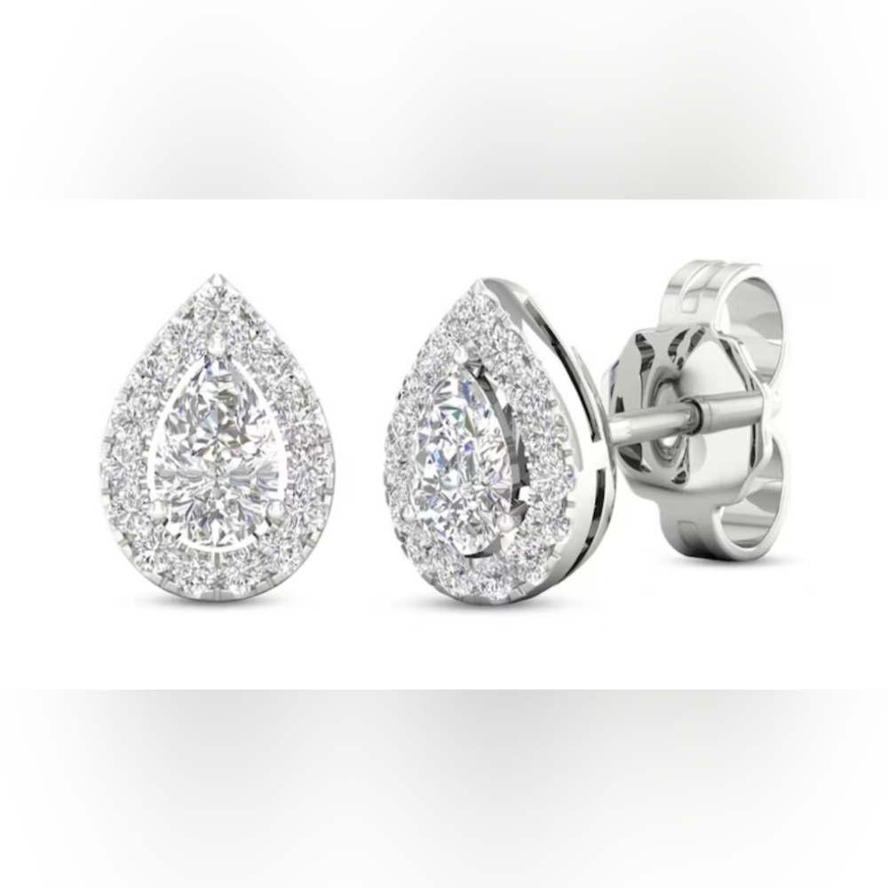 24k White Gold Pear Diamond Earrings. Silver Pear Diamond Pendant With 21''Chain
